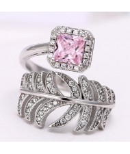 Luxurious Cubic Zirconia Embellished Feather Silver Fashion Ring