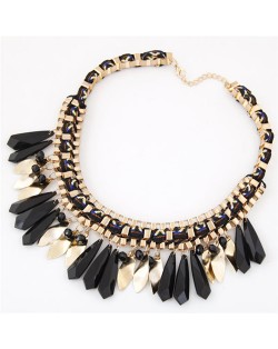 Rope and Alloy Weaving Pattern with Resin Waterdrops Design Fashion Necklace - Black