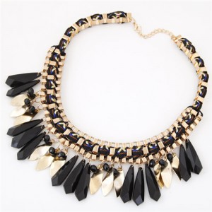 Rope and Alloy Weaving Pattern with Resin Waterdrops Design Fashion Necklace - Black