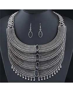 Gem Decorated Multi-layers Ear Drops Fashion Necklace and Earrings Set - Silver