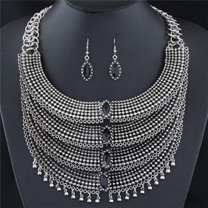 Gem Decorated Multi-layers Ear Drops Fashion Necklace and Earrings Set - Silver