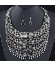 Gem Decorated Multi-layers Ear Drops Fashion Necklace and Earrings Set - Silver