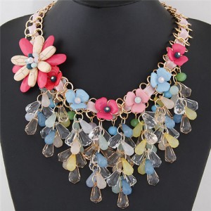 Sweet Resin Gems Waterdrops with Turquoise Flowers Decorated Short Fashion Necklace - Multicolor