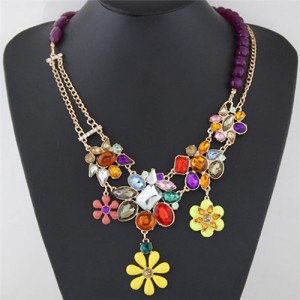 Colorful Resin Gems Flower Cluster Beads and Chain Asymmetric Design Fashion Necklace