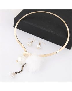 Dangling Pearls and Fluffy Ball Design Golden Alloy Necklet and Earrings Set - White