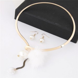 Dangling Pearls and Fluffy Ball Design Golden Alloy Necklet and Earrings Set - White