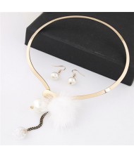 Dangling Pearls and Fluffy Ball Design Golden Alloy Necklet and Earrings Set - White