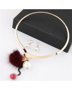Dangling Pearls and Fluffy Ball Design Golden Alloy Necklet and Earrings Set - Red