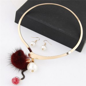 Dangling Pearls and Fluffy Ball Design Golden Alloy Necklet and Earrings Set - Red