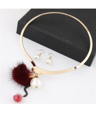 Dangling Pearls and Fluffy Ball Design Golden Alloy Necklet and Earrings Set - Red