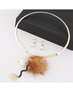 Dangling Pearls and Fluffy Ball Design Golden Alloy Necklet and Earrings Set - Brown