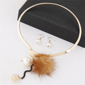 Dangling Pearls and Fluffy Ball Design Golden Alloy Necklet and Earrings Set - Brown