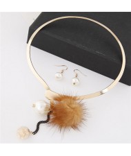 Dangling Pearls and Fluffy Ball Design Golden Alloy Necklet and Earrings Set - Brown