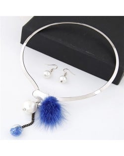 Dangling Pearls and Fluffy Ball Design Silver Alloy Necklet and Earrings Set - Blue