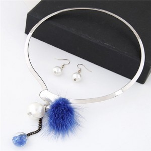 Dangling Pearls and Fluffy Ball Design Silver Alloy Necklet and Earrings Set - Blue