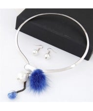 Dangling Pearls and Fluffy Ball Design Silver Alloy Necklet and Earrings Set - Blue