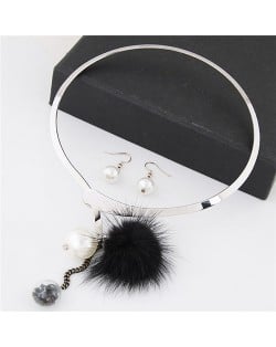 Dangling Pearls and Fluffy Ball Design Silver Alloy Necklet and Earrings Set - Black