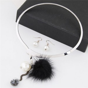 Dangling Pearls and Fluffy Ball Design Silver Alloy Necklet and Earrings Set - Black