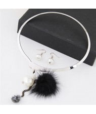 Dangling Pearls and Fluffy Ball Design Silver Alloy Necklet and Earrings Set - Black
