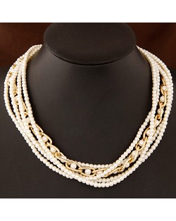 Multi-layers Pearls and Golden Alloy Chain Design Fashion Necklace