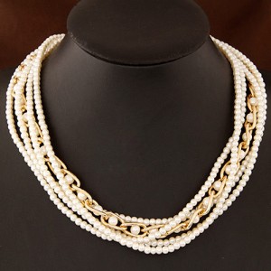 Multi-layers Pearls and Golden Alloy Chain Design Fashion Necklace