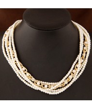 Multi-layers Pearls and Golden Alloy Chain Design Fashion Necklace
