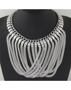 Multiple Layers Snake Chain Pendant Design Bold Fashion Thick Necklace - Silver