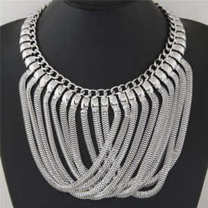 Multiple Layers Snake Chain Pendant Design Bold Fashion Thick Necklace - Silver