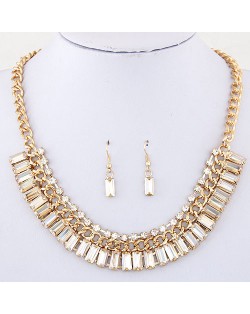 Rhinestone and Oblong Glass Embellished Statement Fashion Necklace and Earrings Set - Champagne