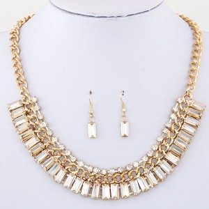 Rhinestone and Oblong Glass Embellished Statement Fashion Necklace and Earrings Set - Champagne