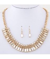 Rhinestone and Oblong Glass Embellished Statement Fashion Necklace and Earrings Set - Champagne