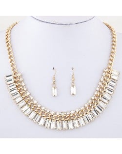 Rhinestone and Oblong Glass Embellished Statement Fashion Necklace and Earrings Set - White