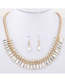 Rhinestone and Oblong Glass Embellished Statement Fashion Necklace and Earrings Set - White