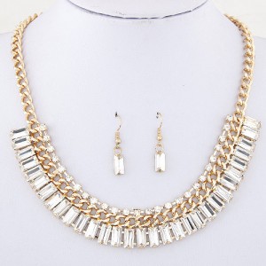 Rhinestone and Oblong Glass Embellished Statement Fashion Necklace and Earrings Set - White
