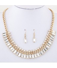 Rhinestone and Oblong Glass Embellished Statement Fashion Necklace and Earrings Set - White