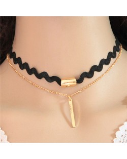 Dual Layers Rope and Golden Stick Pendant Chain Design Fashion Necklace