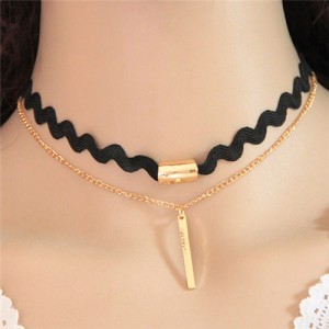 Dual Layers Rope and Golden Stick Pendant Chain Design Fashion Necklace
