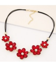 Korean Fashion Glass Flowers Wax Rope Fashion Necklace - Red