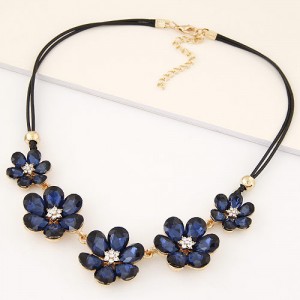 Korean Fashion Glass Flowers Wax Rope Fashion Necklace - Blue