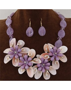 Seashell and Stone Flower Theme Dimensional Fashion Necklace and Earrings Set - Purple
