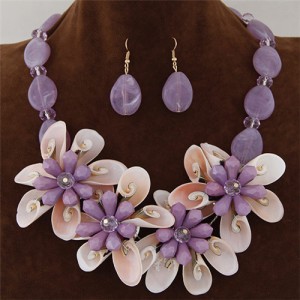 Seashell and Stone Flower Theme Dimensional Fashion Necklace and Earrings Set - Purple