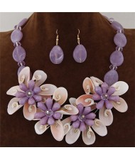 Seashell and Stone Flower Theme Dimensional Fashion Necklace and Earrings Set - Purple