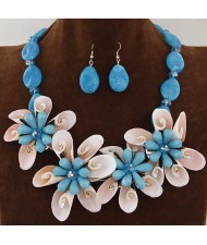 Seashell and Stone Flower Theme Dimensional Fashion Necklace and Earrings Set - Blue