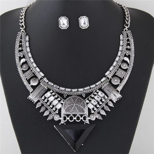 Western Style Assorted Elements Combo Hollow Arch with Triangle Design Fashion Necklace and Earrings Set - Silver