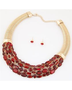 Glittering Gems Inlaid Golden Thick Chain Fashion Necklace and Earrings Set - Red