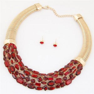 Glittering Gems Inlaid Golden Thick Chain Fashion Necklace and Earrings Set - Red