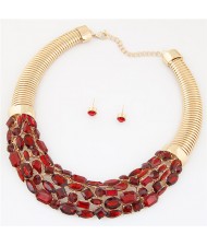 Glittering Gems Inlaid Golden Thick Chain Fashion Necklace and Earrings Set - Red