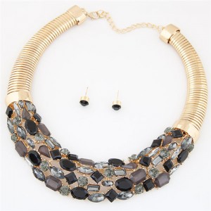 Glittering Gems Inlaid Golden Thick Chain Fashion Necklace and Earrings Set - Black
