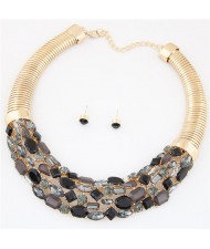 Glittering Gems Inlaid Golden Thick Chain Fashion Necklace and Earrings Set - Black