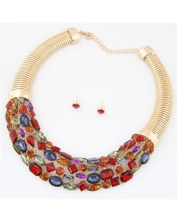 Glittering Gems Inlaid Golden Thick Chain Fashion Necklace and Earrings Set - Multicolor